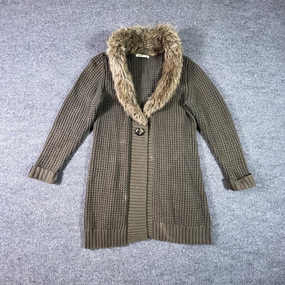 Old Navy Cardigan Sweater Womens L Brown Knit Faux Fur Sherpa Lapel S/792347-01